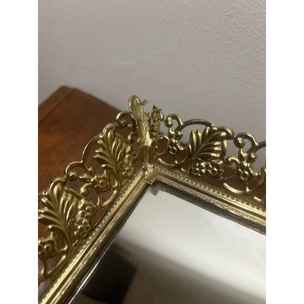 Vintage Mirror Vanity Tray Gold Filigree Metal Ornate Rectangular 16